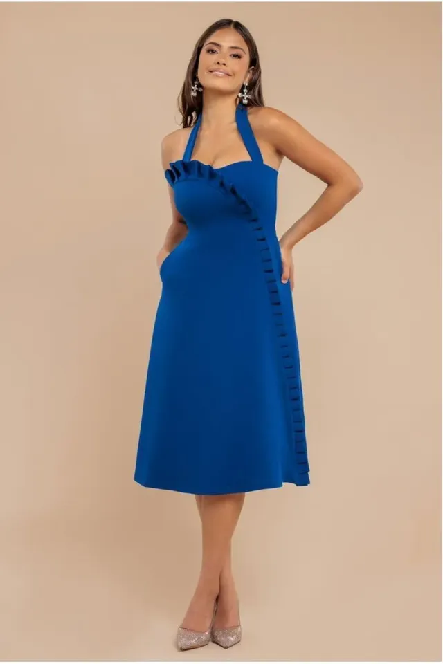 Goddiva Frilled Halter abito midi blu royal balze
