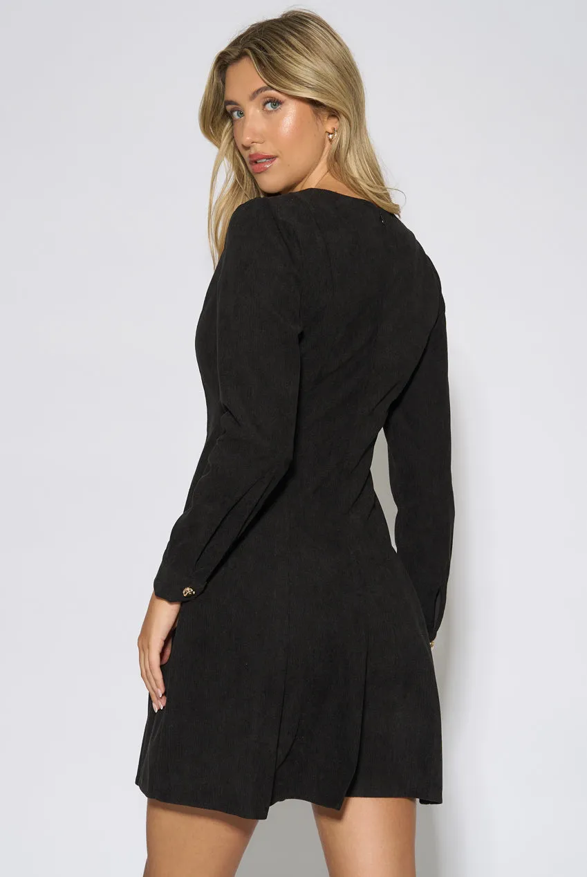 Gini London Cord abito mini nero velluto bottoni oro