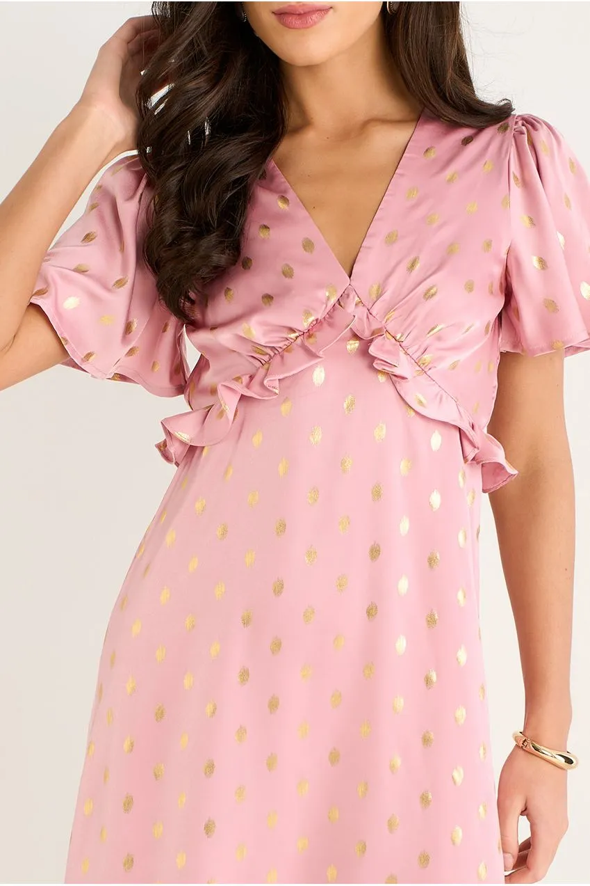 Gini London Blush Metallic Foil abito midi rosa cipria