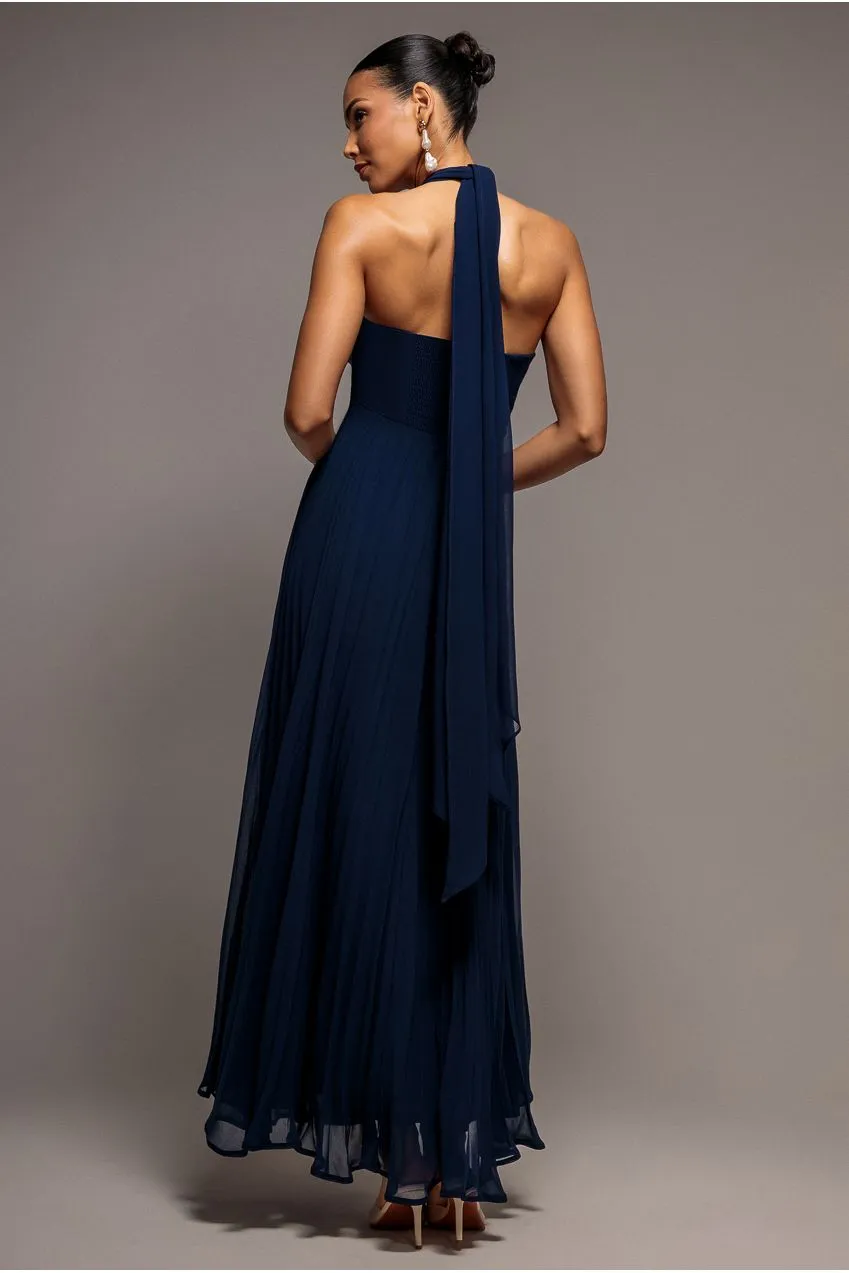 Goddiva Scarf Maxi abito chiffon blu navy plissettato