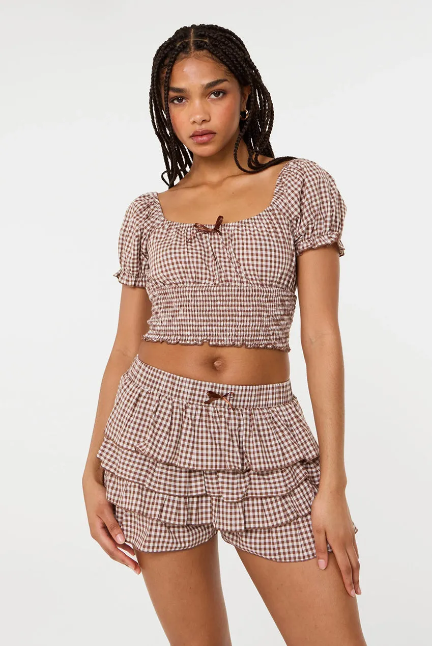 Pink Vanilla Gingham top crop cioccolato maniche sbuffo
