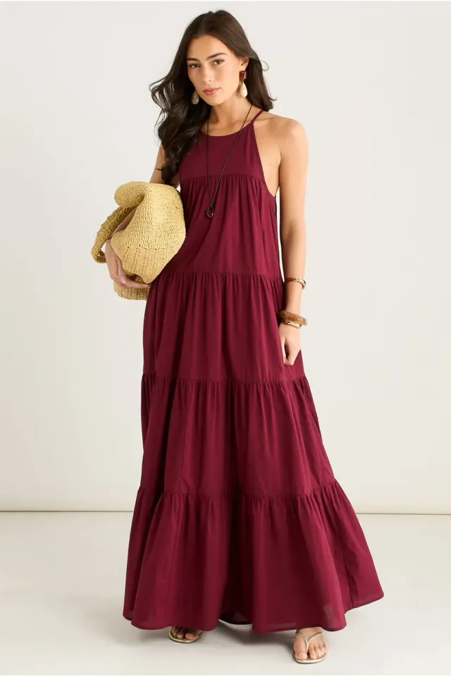 Gini London Tiered Halter abito maxi mora balze