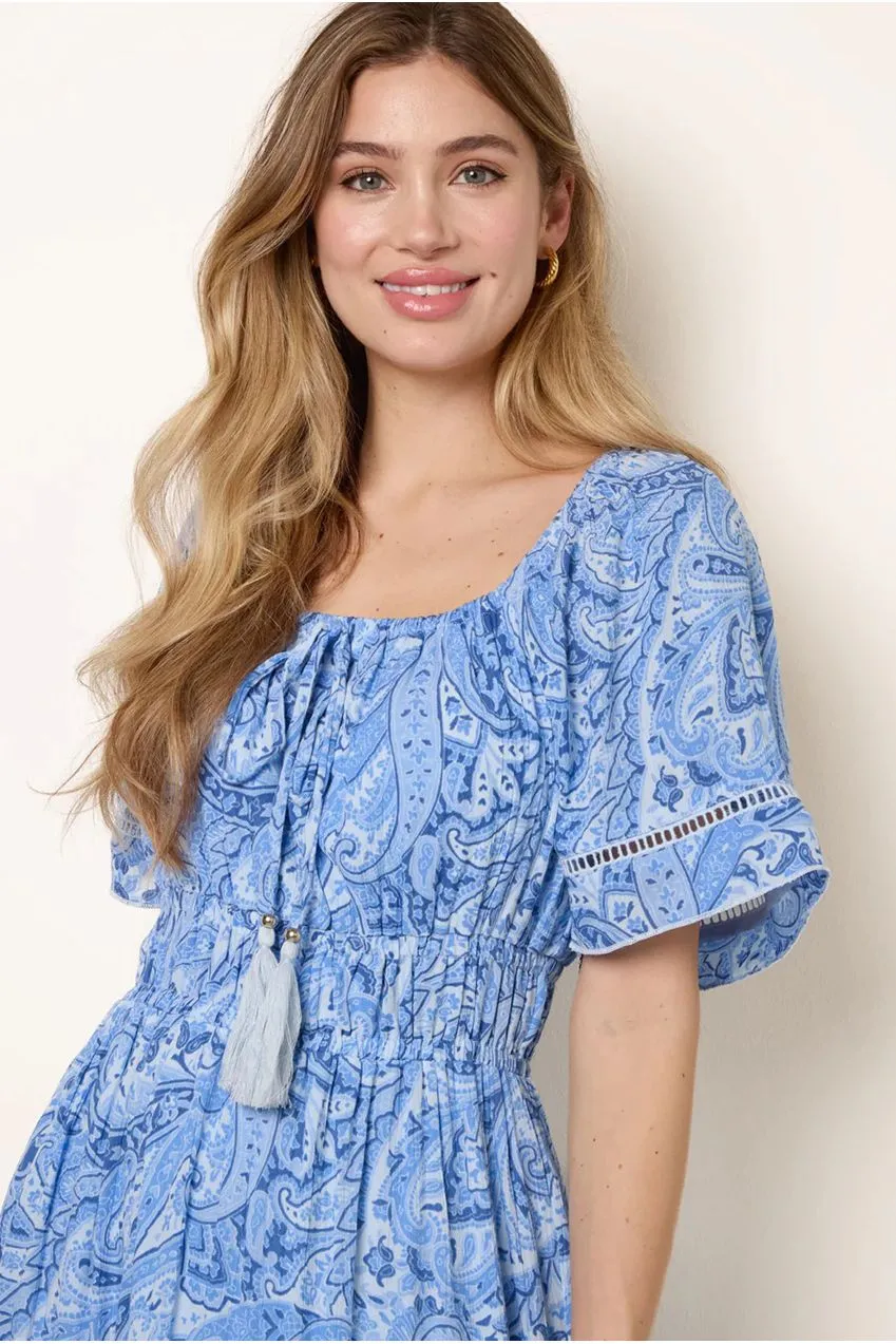 Goddiva Blue Vanilla Ladder Abito maxi blu paisley S bardot