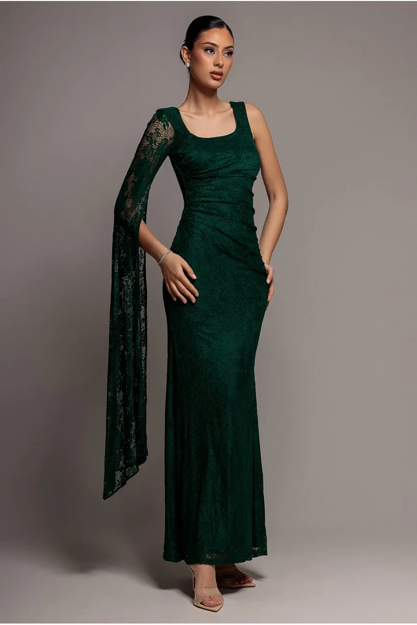 Goddiva One Shoulder Abito Pizzo Verde Smeraldo Mantella