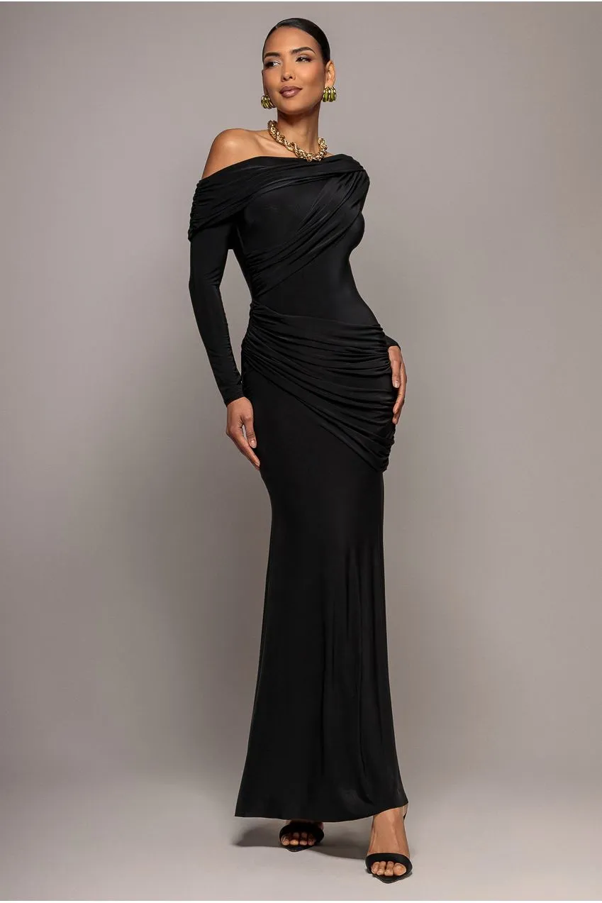 Goddiva Abito Maxi Nero Off Shoulder Soft Touch Taglia 12