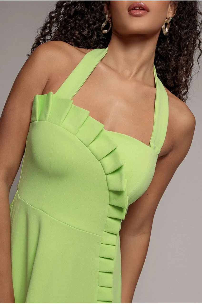 Goddiva Frilled Halter Neck abito midi lime schiena aperta