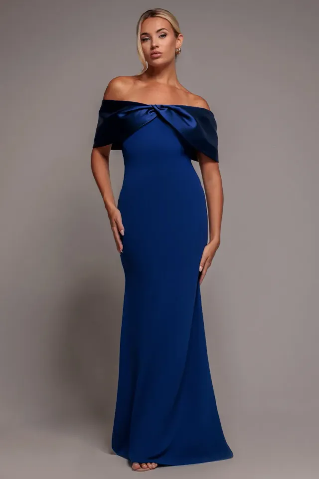 Goddiva Bardot Twist Knot abito maxi blu royal scuba