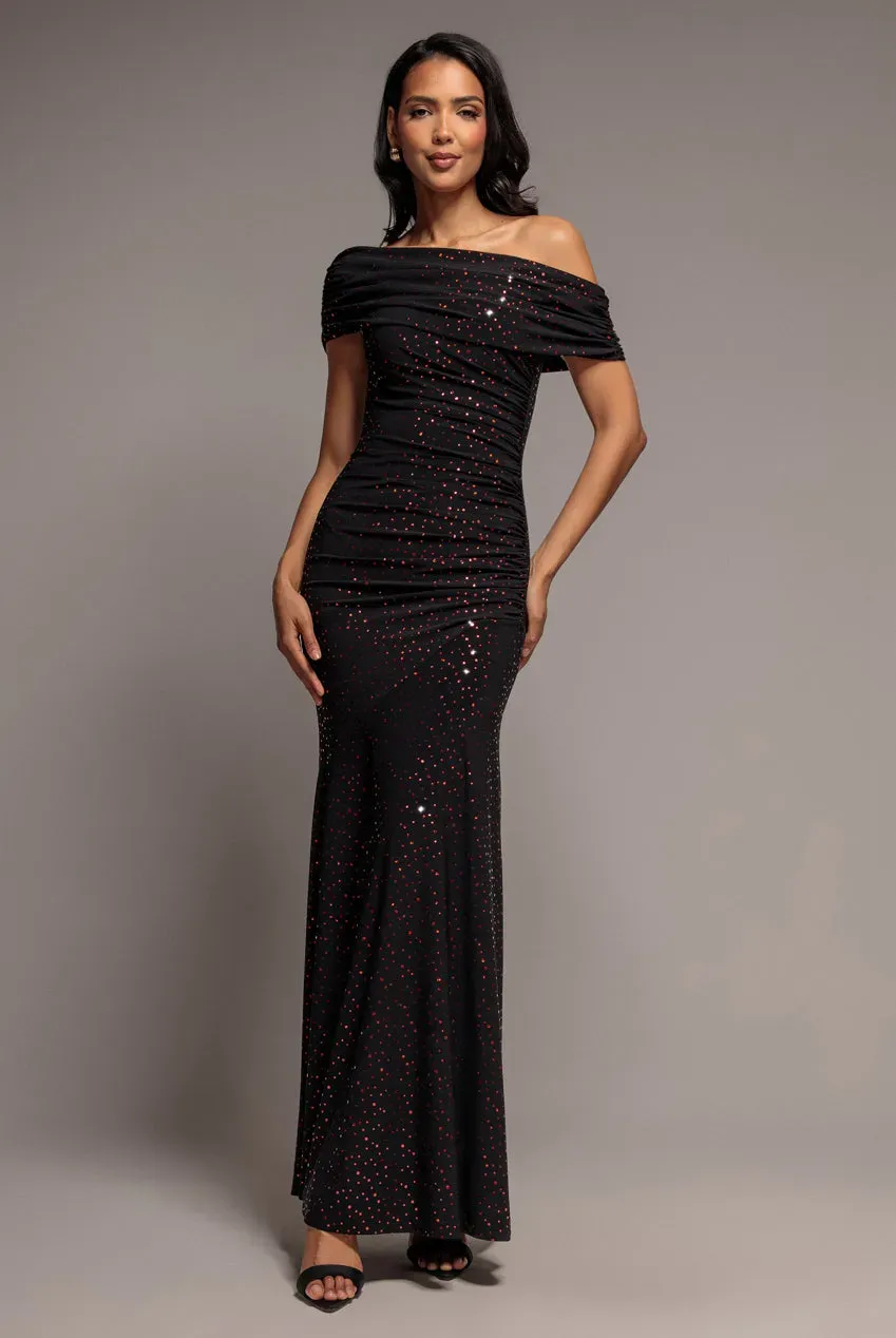 Goddiva One Shoulder Fit and Flare abito maxi paillettes nero rosso