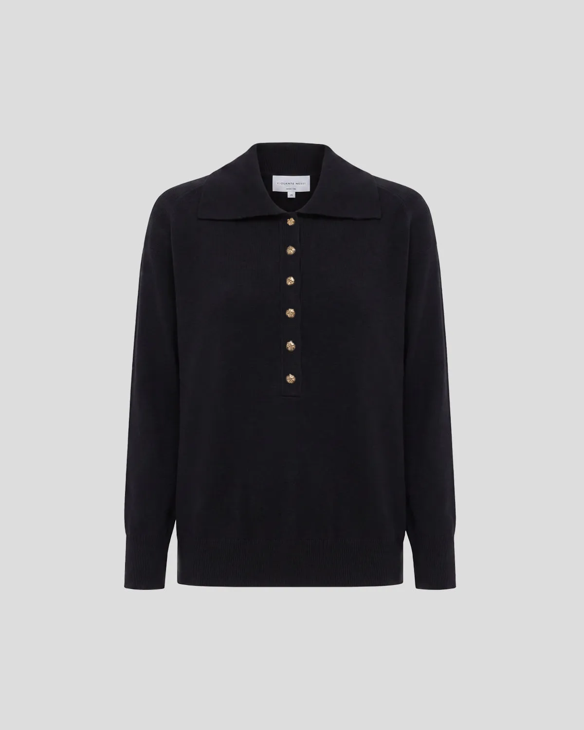 Violante Nessi Ansel polo nero cashmere cotone bottoni