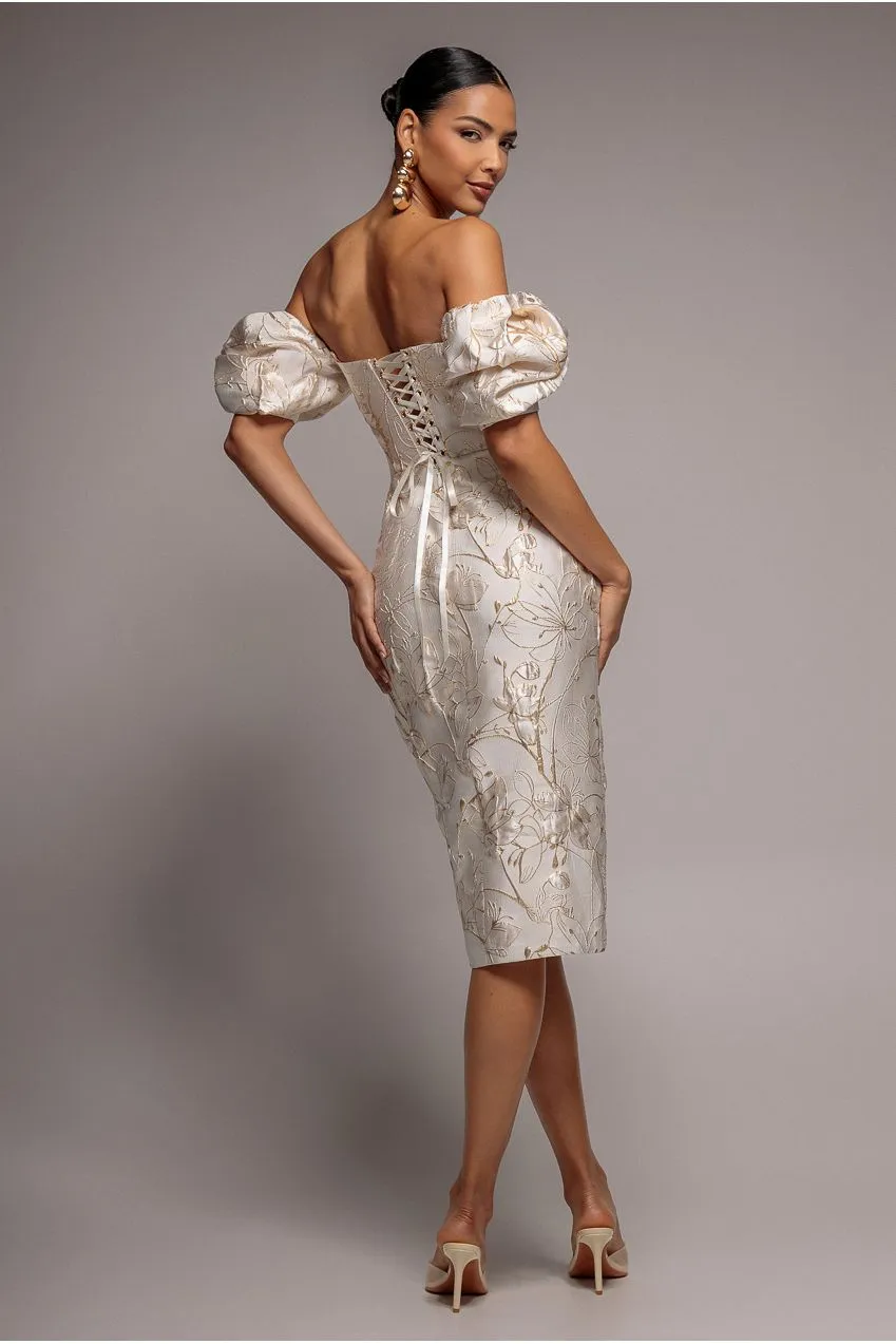 Goddiva Puff Sleeve Sweetheart DR4758 abito midi crema jacquard