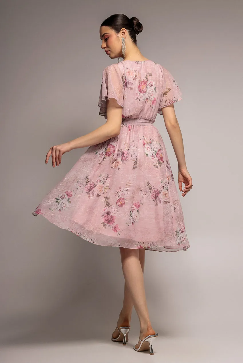 Goddiva Lurex Abito Midi Svasato Rosa Cipria Chiffon