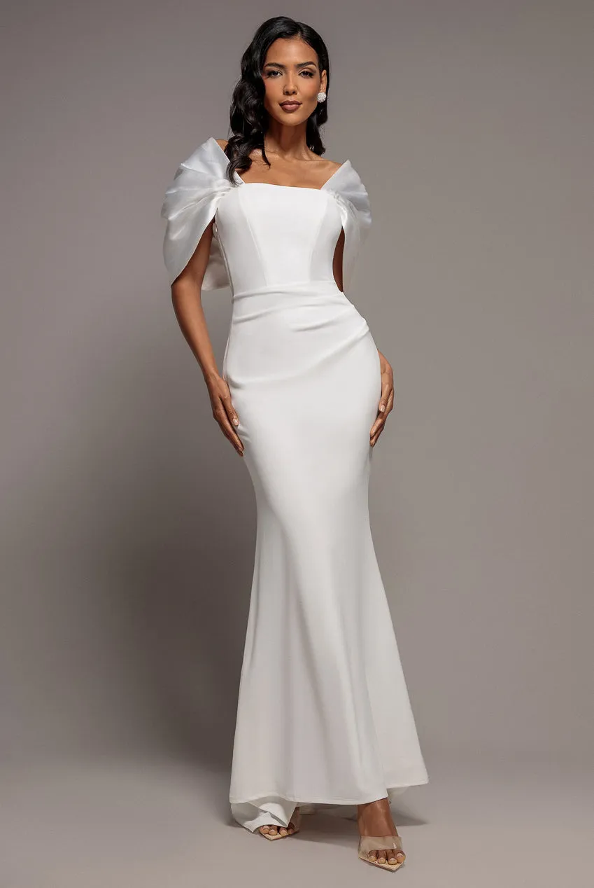 Goddiva Off Shoulder Satin Bow abito maxi bianco scuba