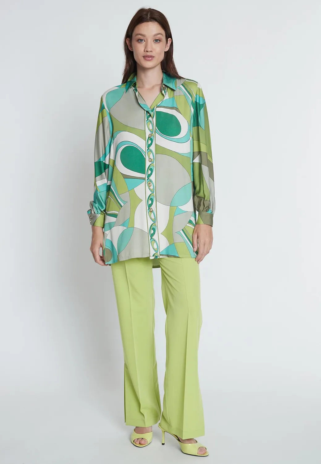 Ana Alcazar Risti camicia raso verde fantasia
