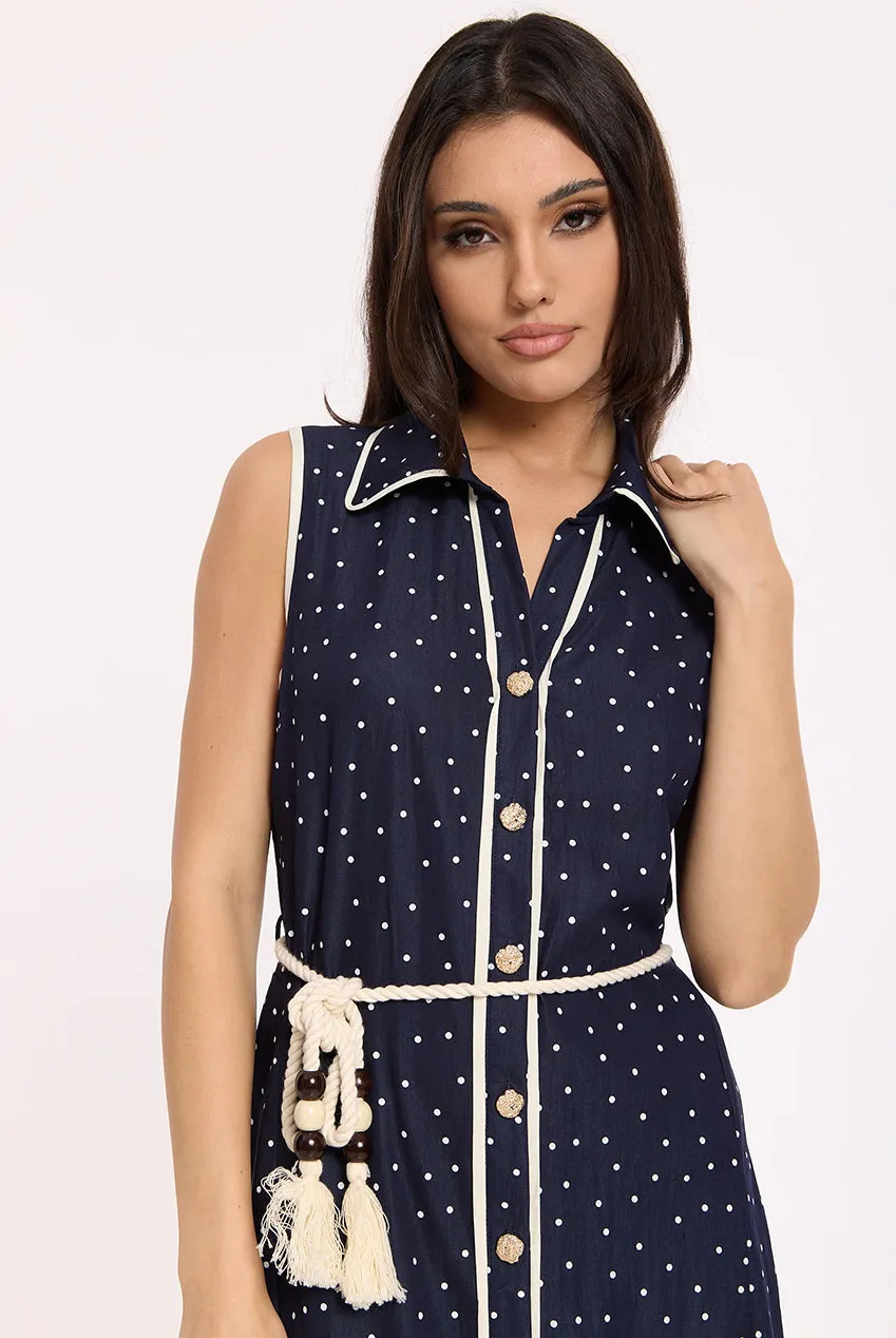 Liquorish Navy abito maxi blu a pois in tencel