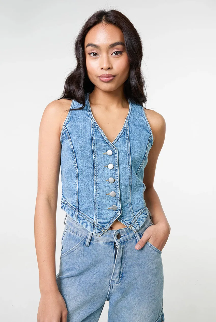 Pink Vanilla Denim gilet denim blu bottoni cotone