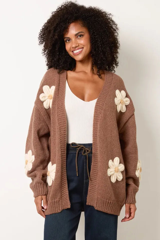 Goddiva Blue Vanilla Daisy Cardigan coffee S/M ricamo fiori