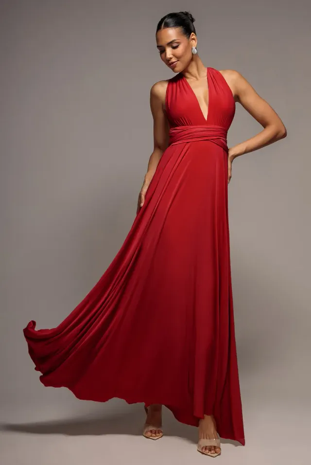 Goddiva Multiway abito lungo rosso scollato