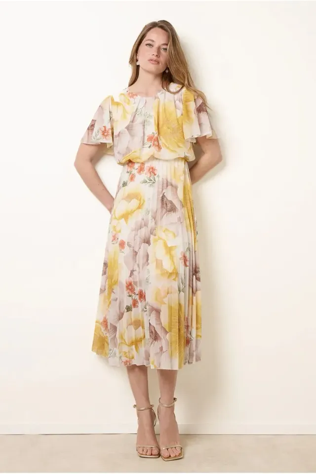 Blue Vanilla Floral abito midi limone manica corta plissettato