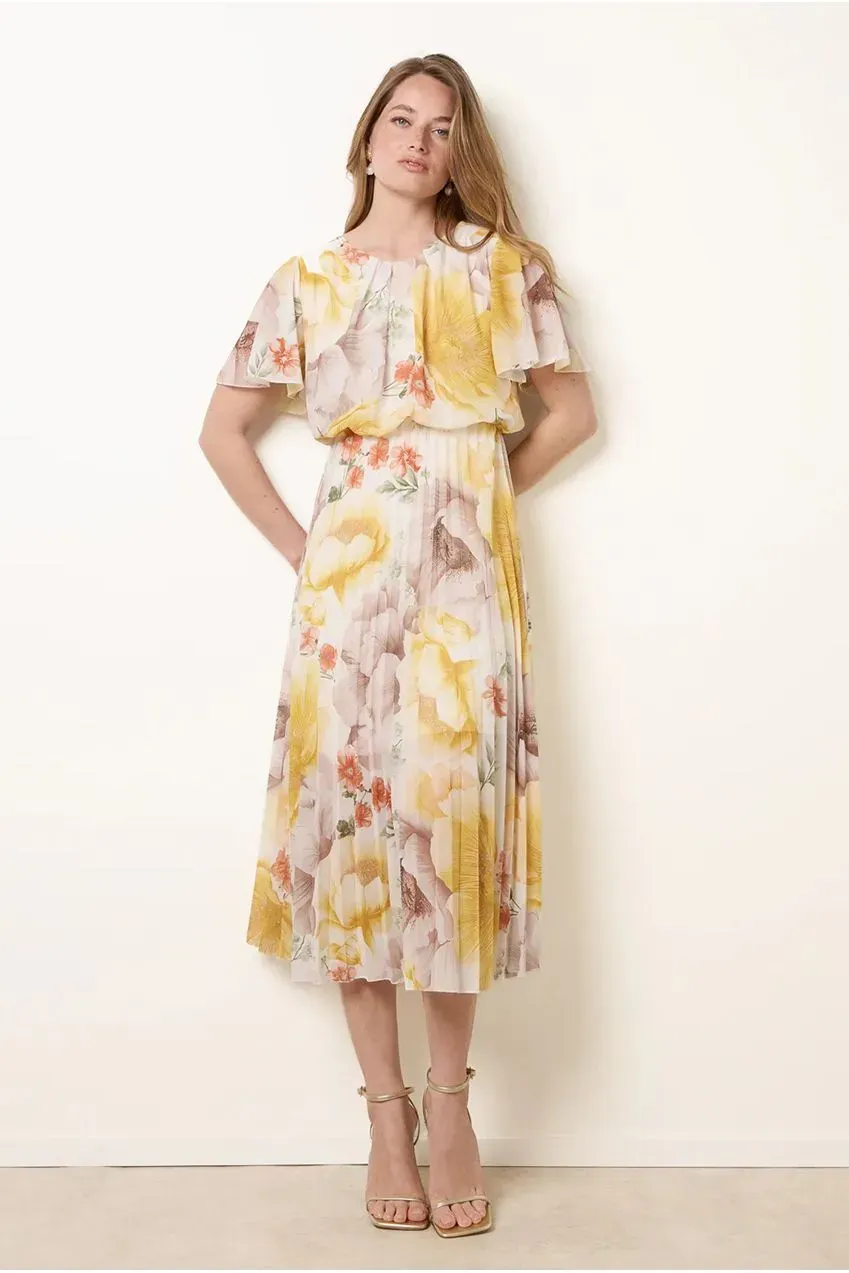 Blue Vanilla Floral abito midi limone manica corta plissettato
