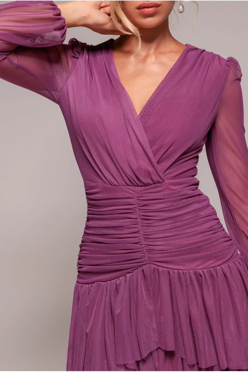 Goddiva Tiered abito berry scollo a V gonna asimmetrica