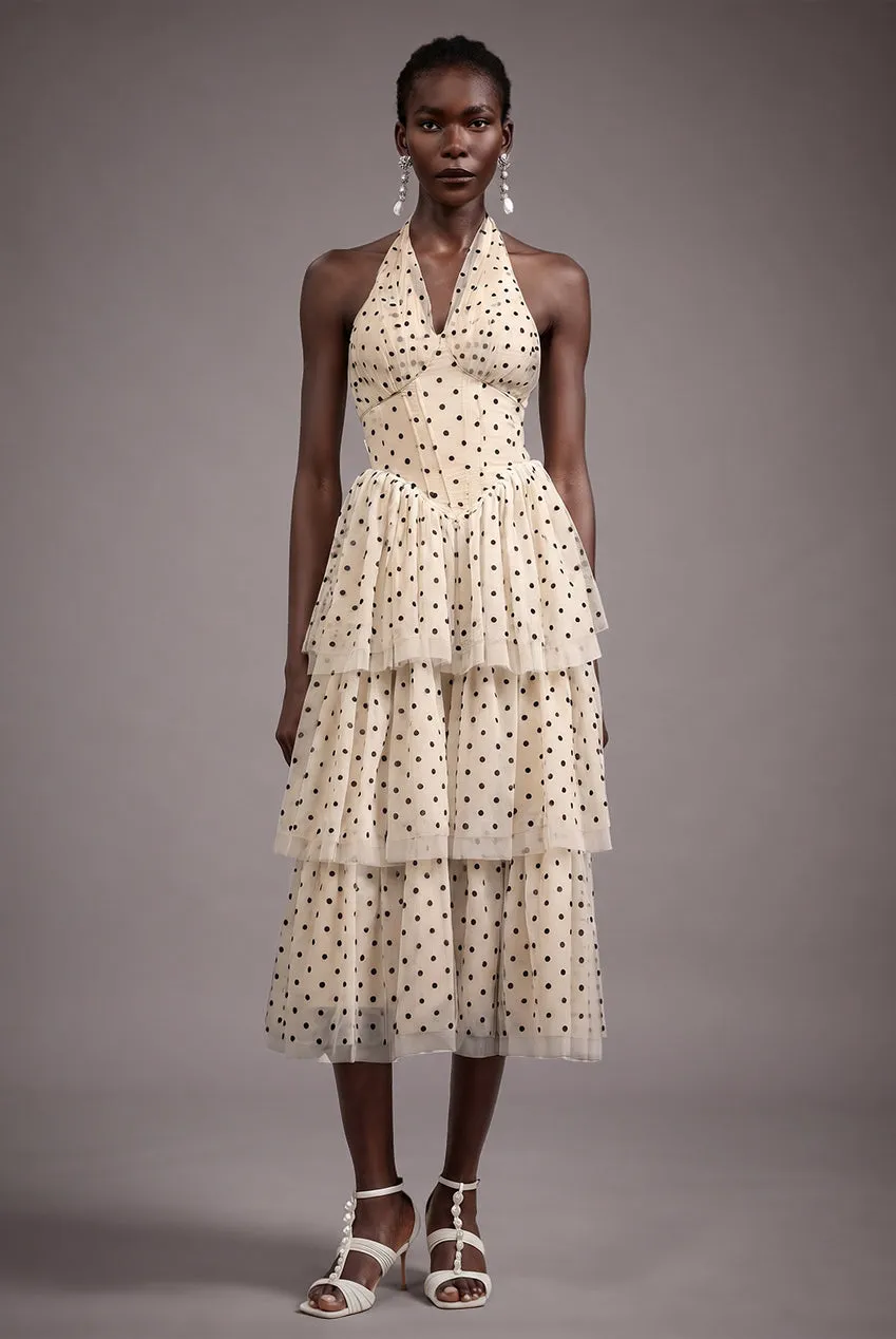 Bella Barnett Julieta abito midi beige pois
