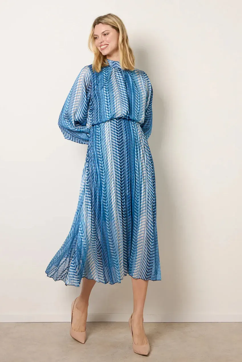Blue Vanilla abito midi navy plissettato collo alto