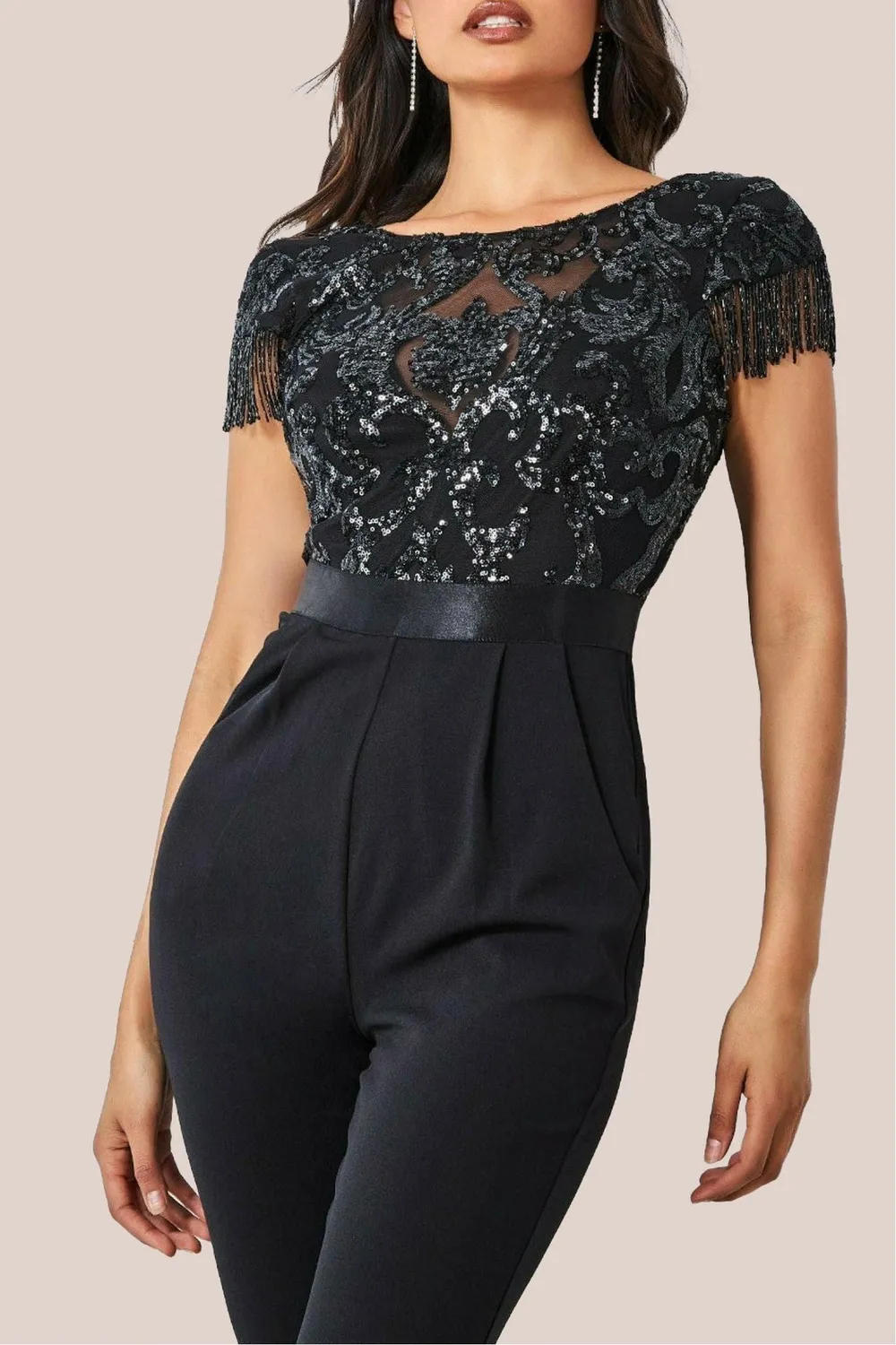 Goddiva Tassel Sequin tuta nera paillettes sera scollo tondo