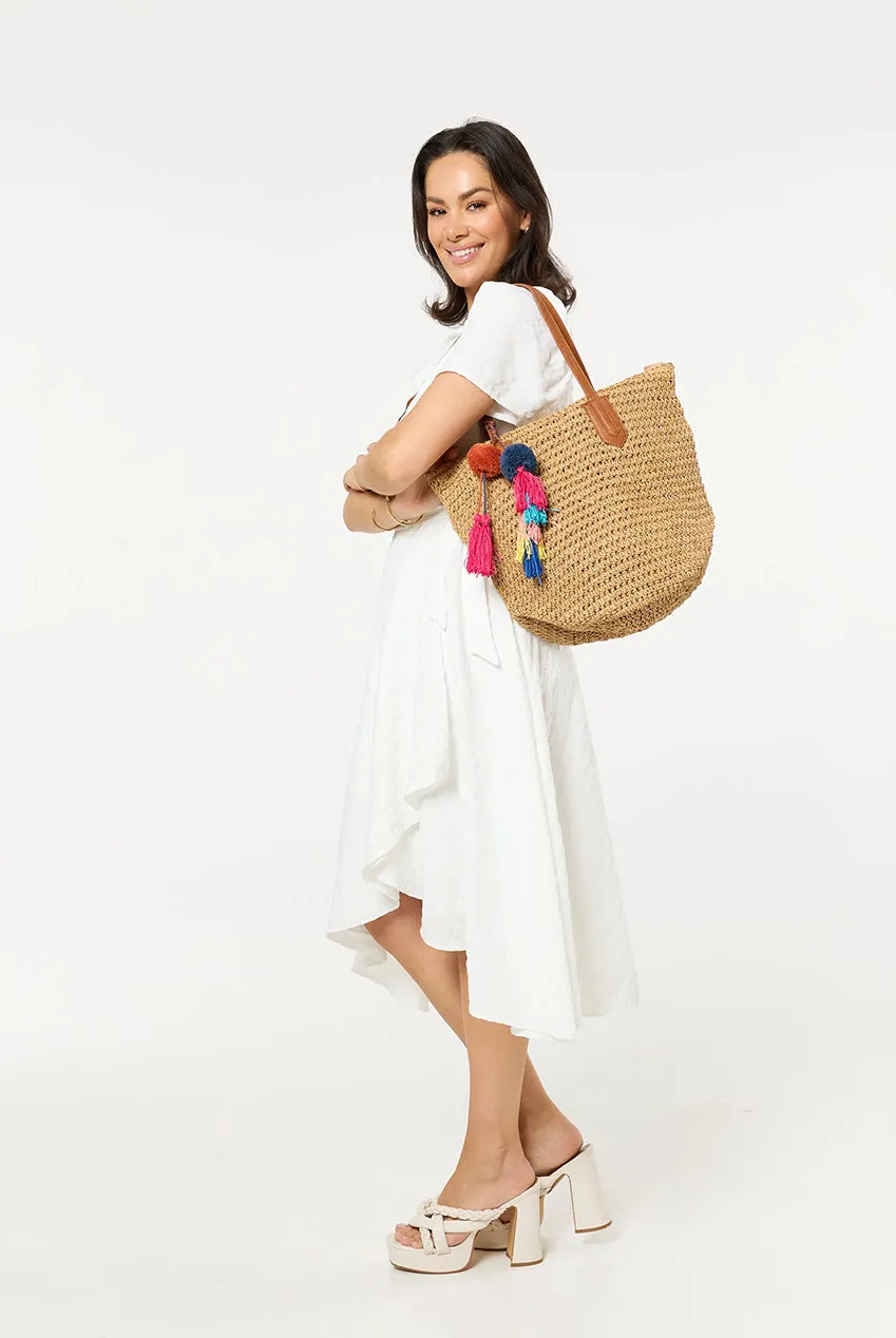 Liquorish Borsa Mare Tote Naturale con Pom Pom e Nappine