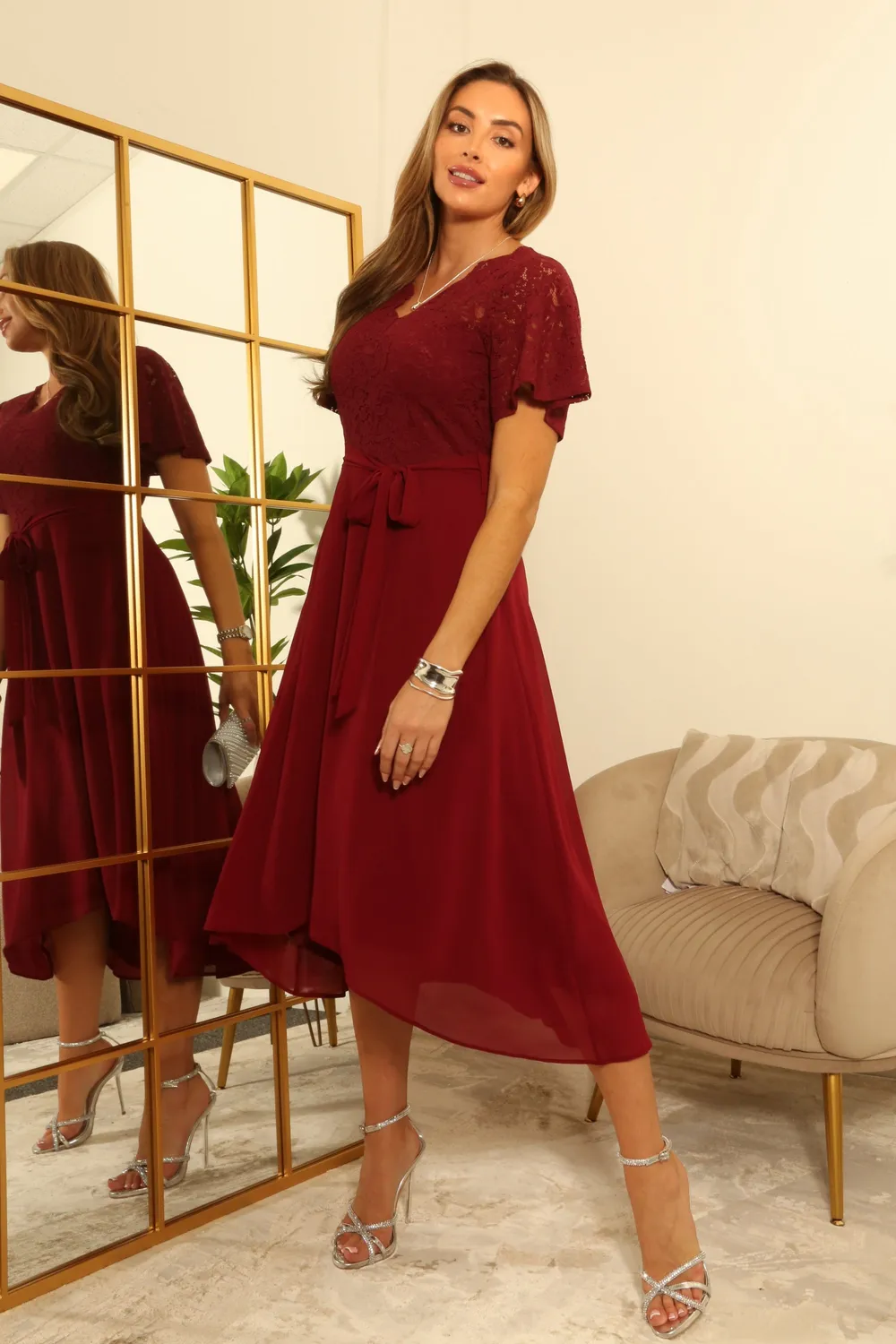 Double Second Lace Wrap abito rosso pizzo midi