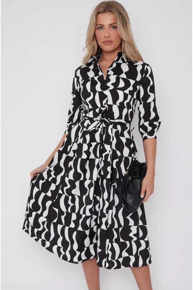 Love Sunshine Mono abito camicia midi nero geometrico