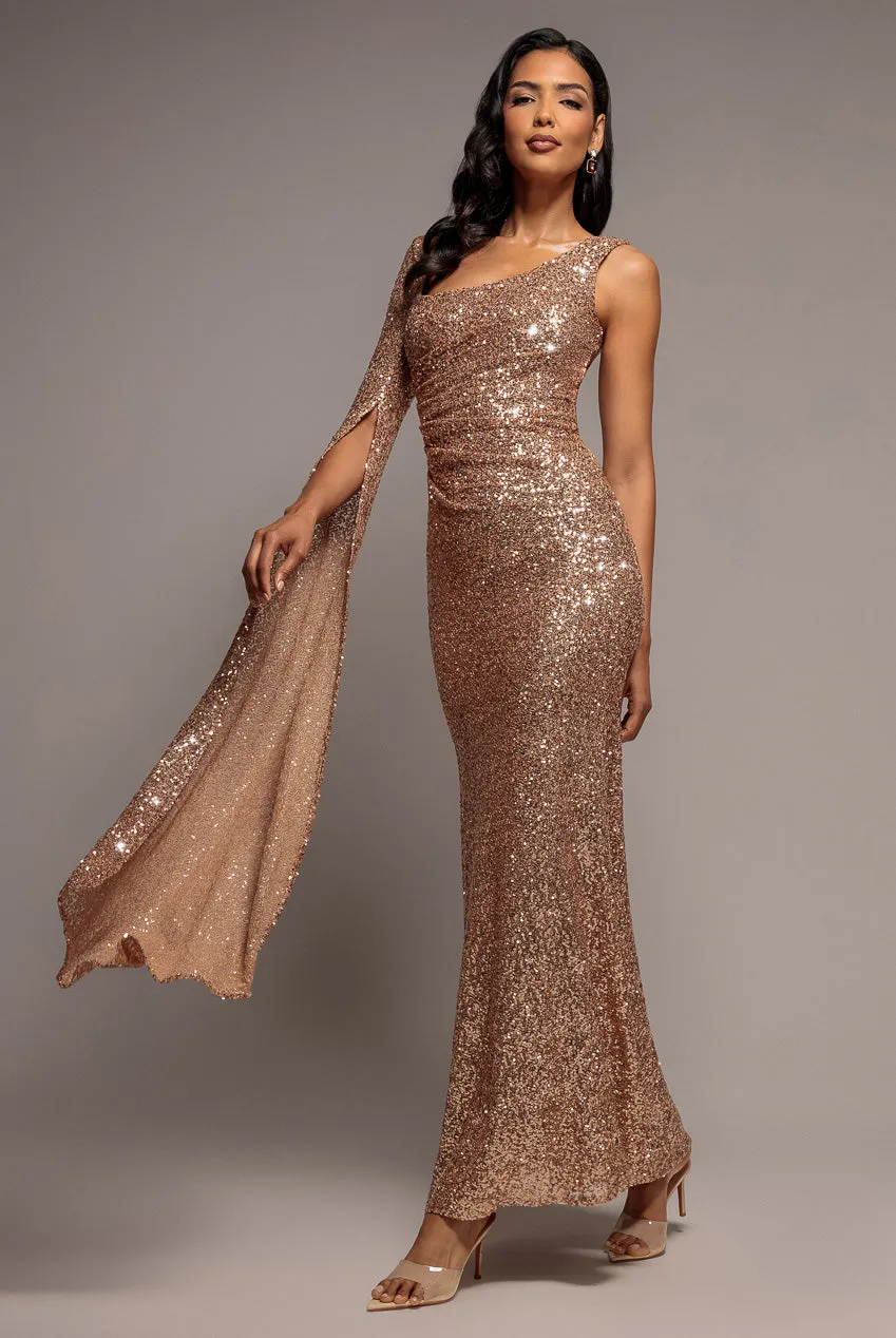 Goddiva abito maxi champagne mantella paillettes sirena
