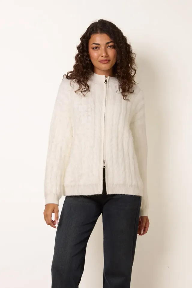 Goddiva Blue Vanilla Textured Zip cardigan crema caldo