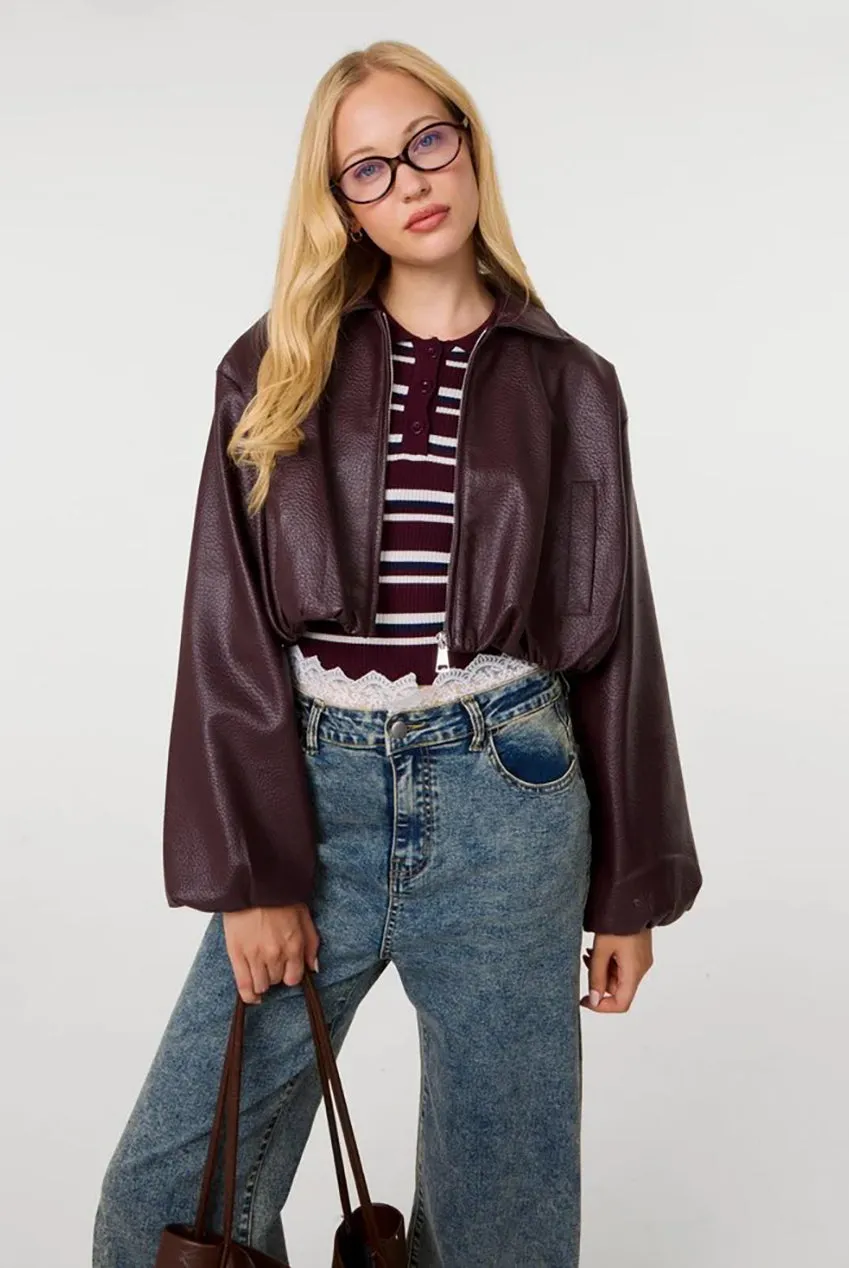 Pink Vanilla Puffball giacca ecopelle bordeaux cropped