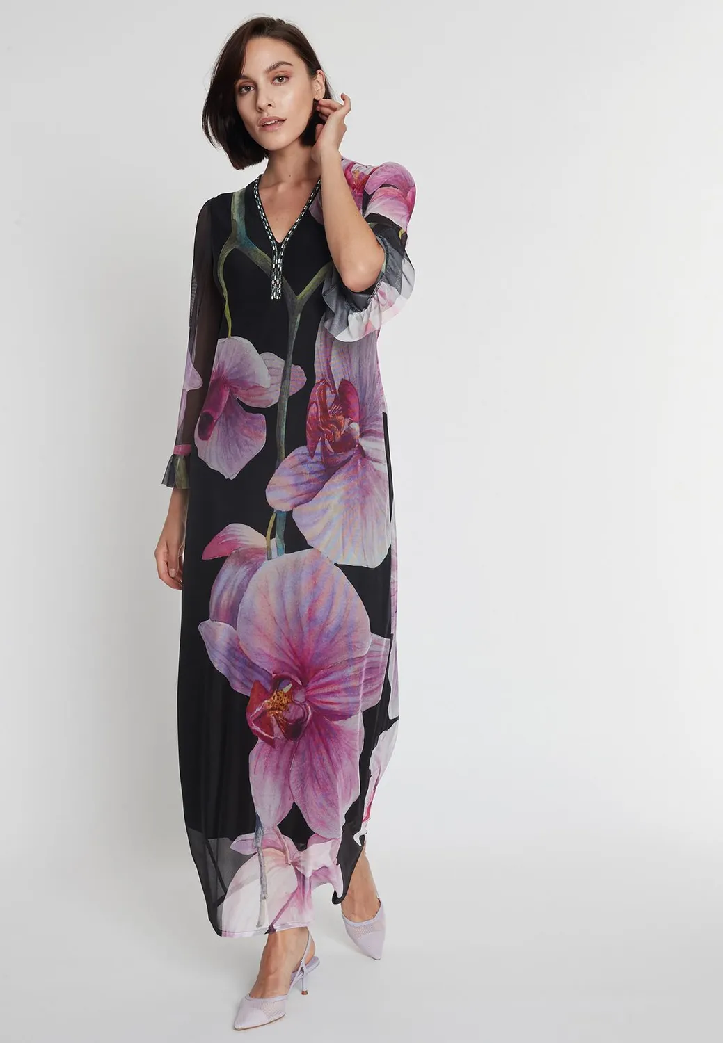 Ana Alcazar Pegasa abito caftano maxi nero stampa orchidea