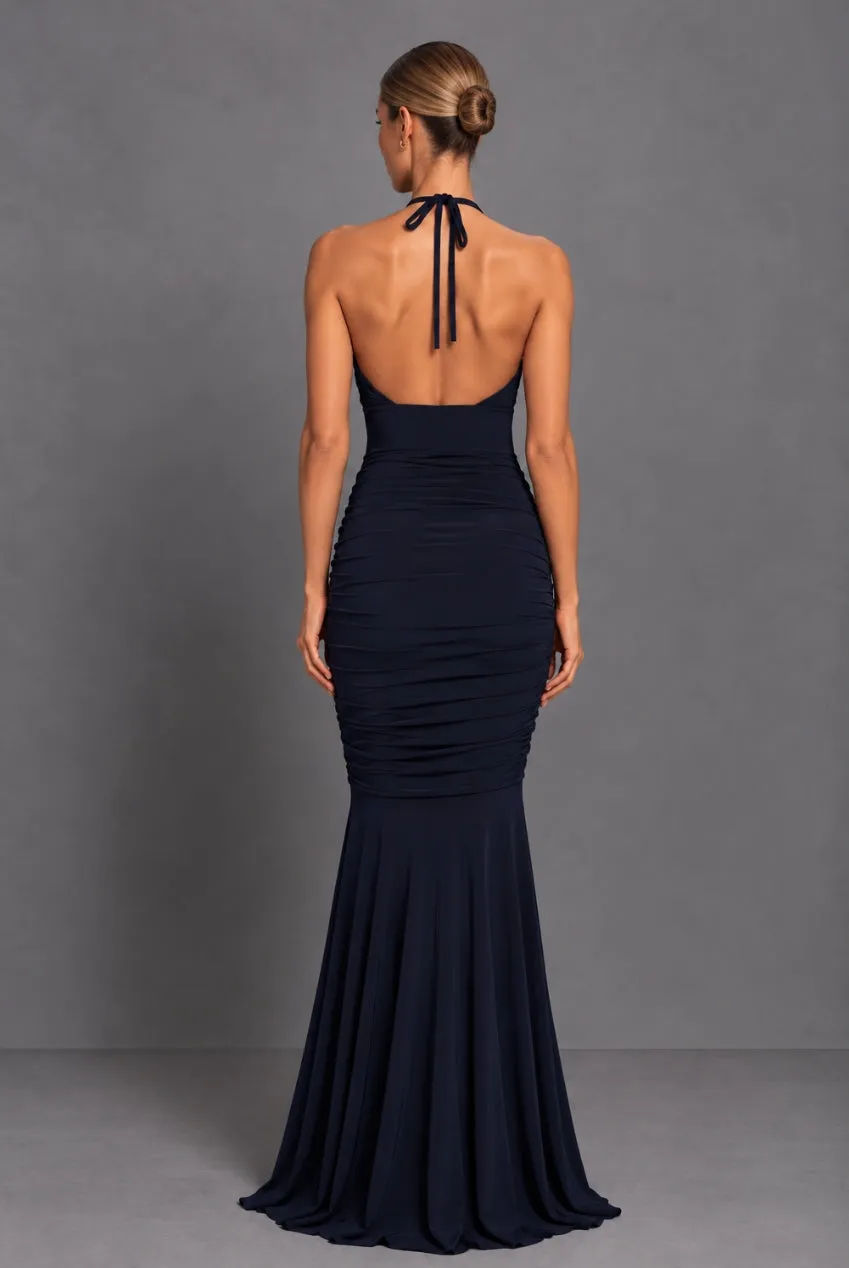 Goddiva Honor Gold Erin abito lungo blu navy schiena scoperta