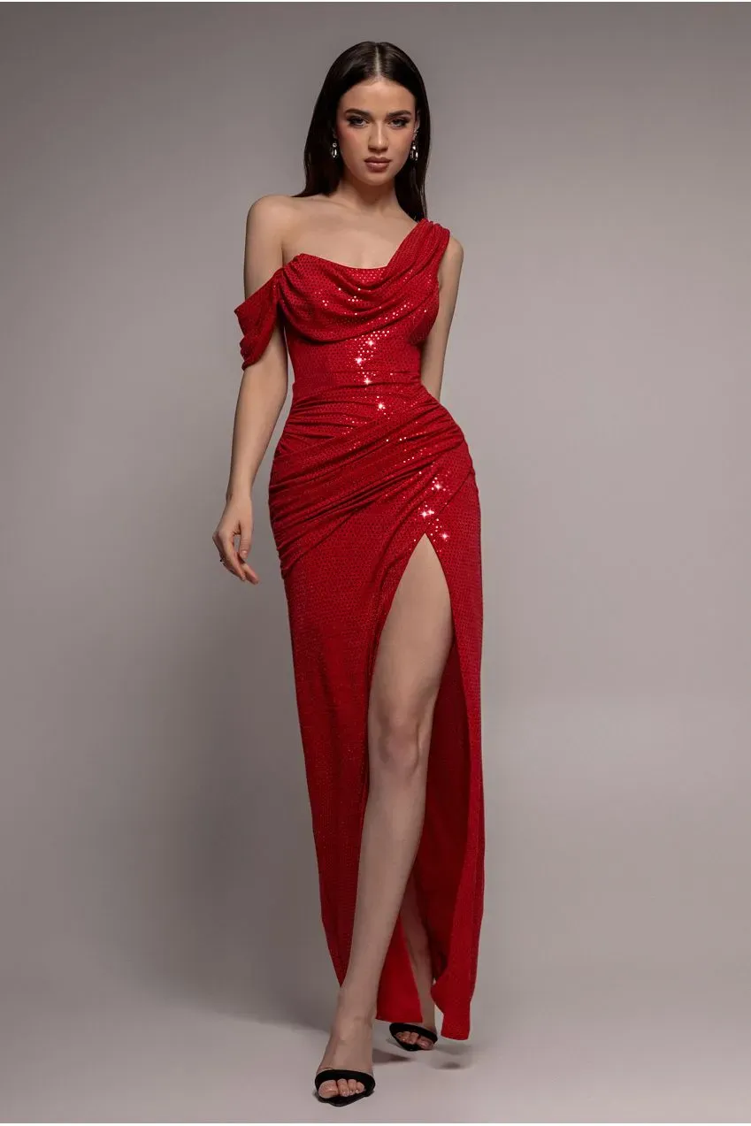 Goddiva DR4741 Abito Maxi Paillettes Rosso Scollo Cowl