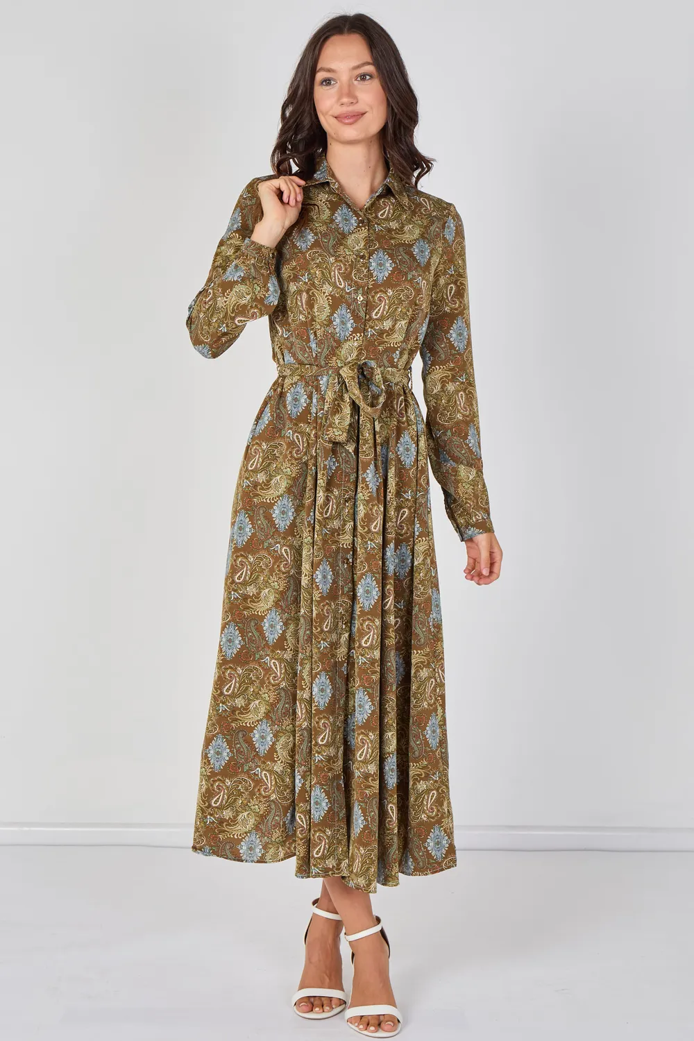 Love Sunshine Paisley Meadow camicia maxi kaki cintura fantasia