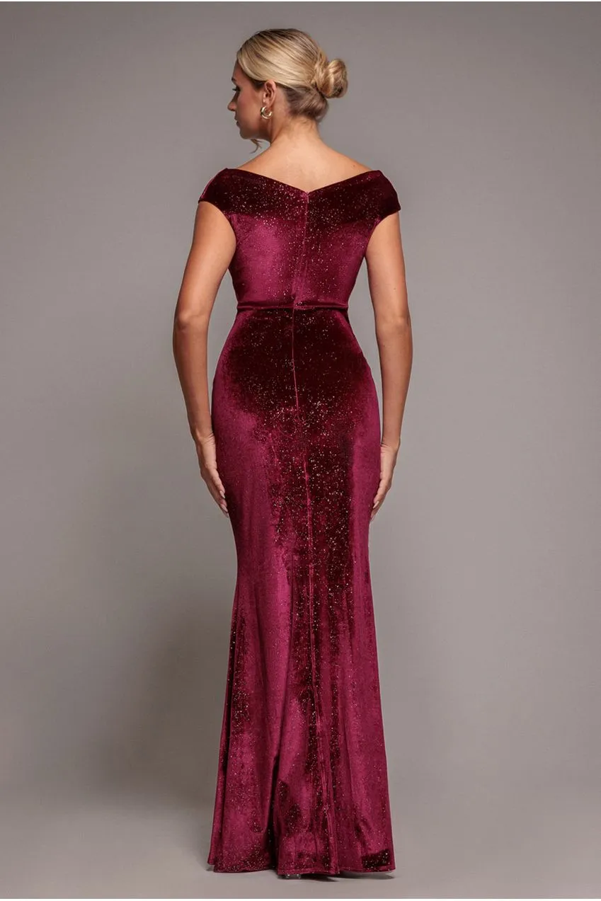 Goddiva Bardot abito lungo vino velluto shimmer sirena