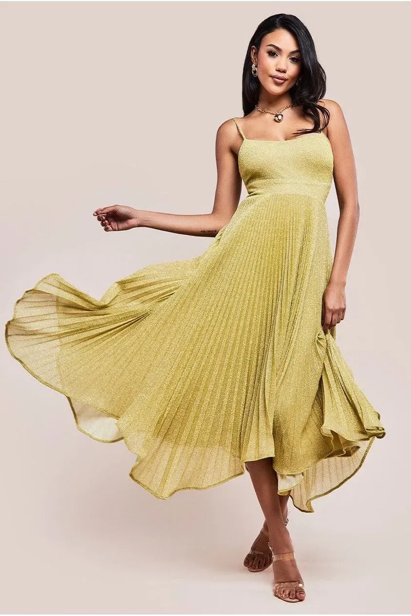 Goddiva Lurex Skater abito midi oro schiena annodata