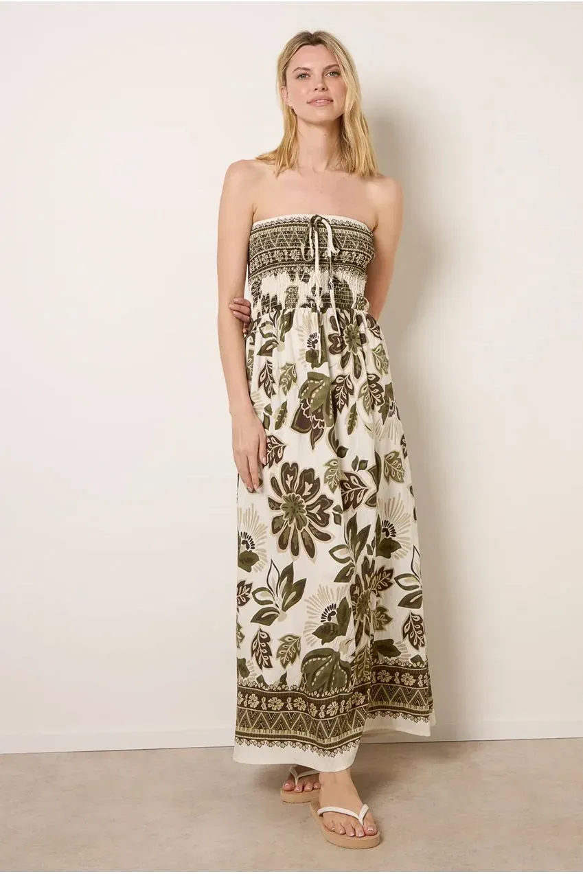 Blue Vanilla Bandeau maxi abito khaki fiori S/M
