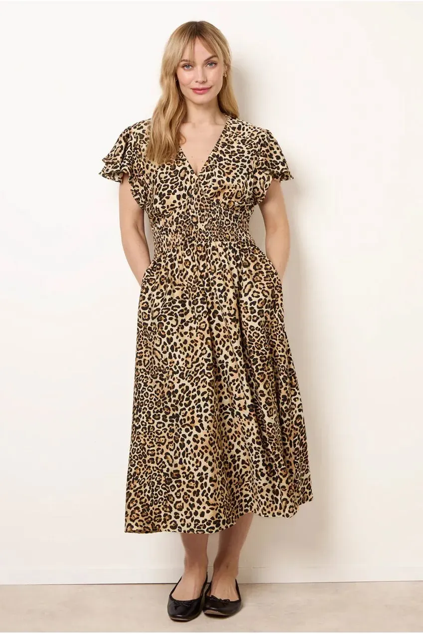 Blue Vanilla Animal Double Frill Abito Midi Marrone Animalier