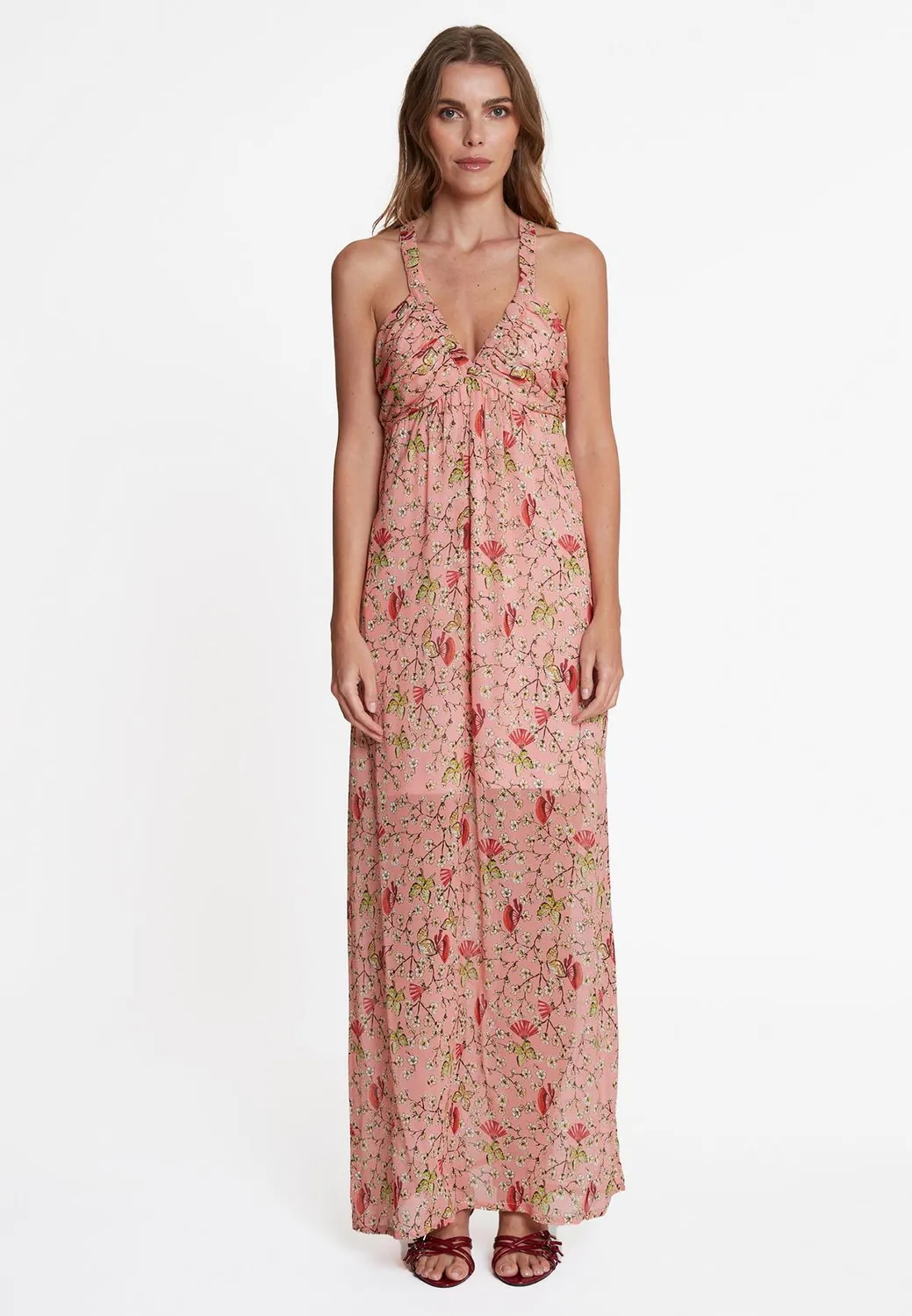 Ana Alcazar Wavea abito maxi rosa fiori scollo V