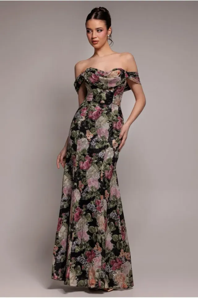 Goddiva Cowl Neck abito maxi jacquard floreale nero