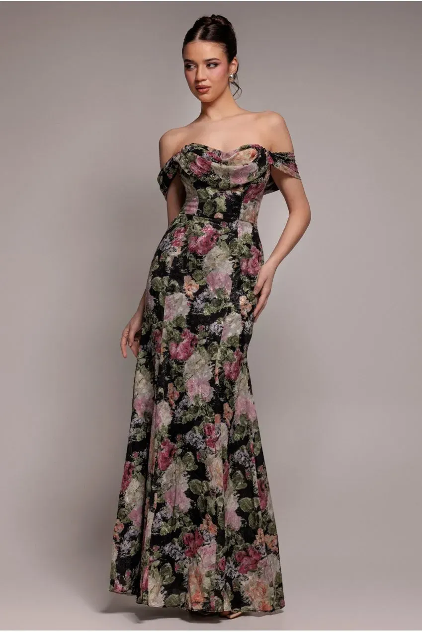 Goddiva Cowl Neck abito maxi jacquard floreale nero