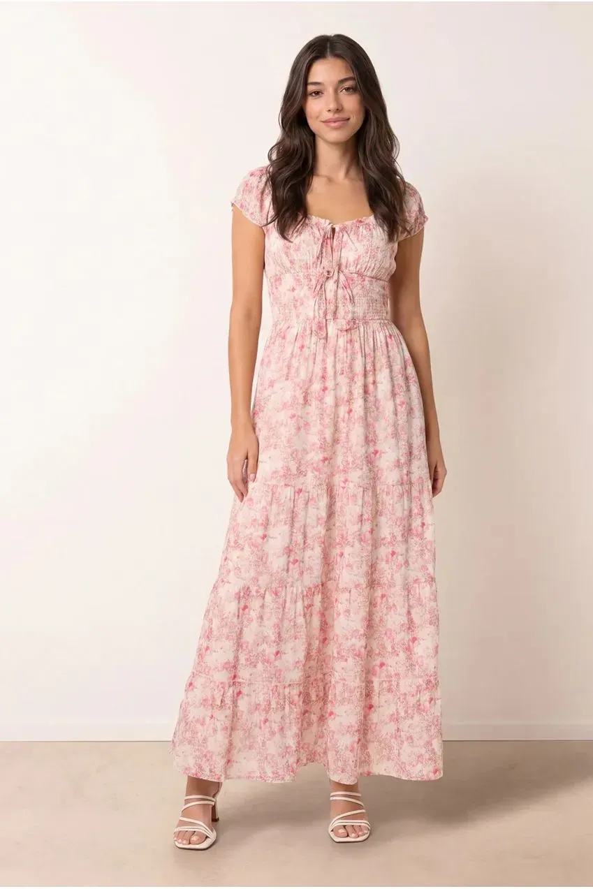 Blue Vanilla Double Front Tie abito maxi rosa fiori cotone