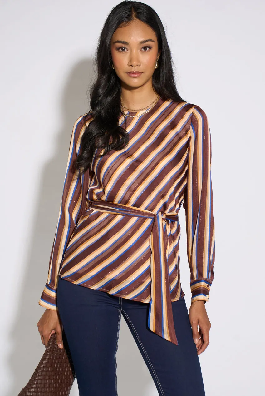 Gini London Diagonal Stripe Camicia Lurex Marrone con Cintura