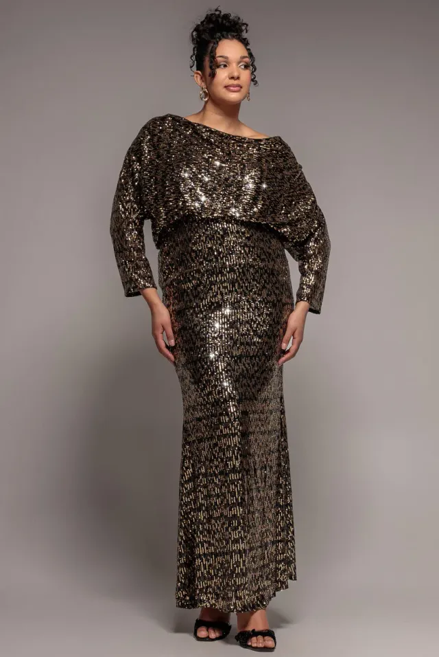 Goddiva Plus DR4051 Abito Maxi Nero Paillettes Scollo