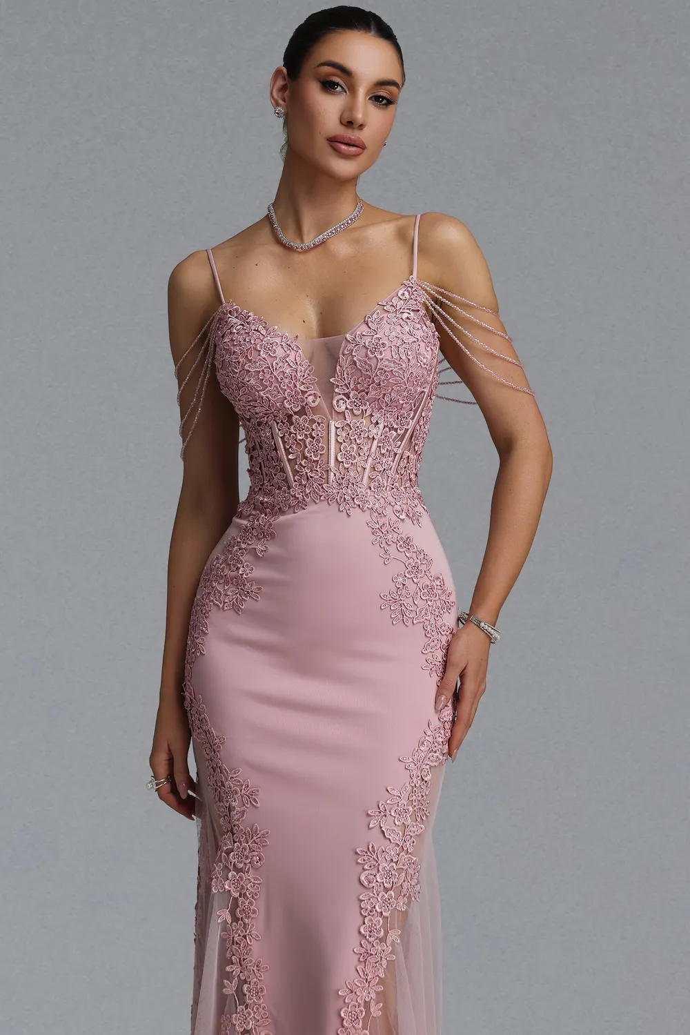 Bella Barnett Encho abito sirena pizzo floreale rosa