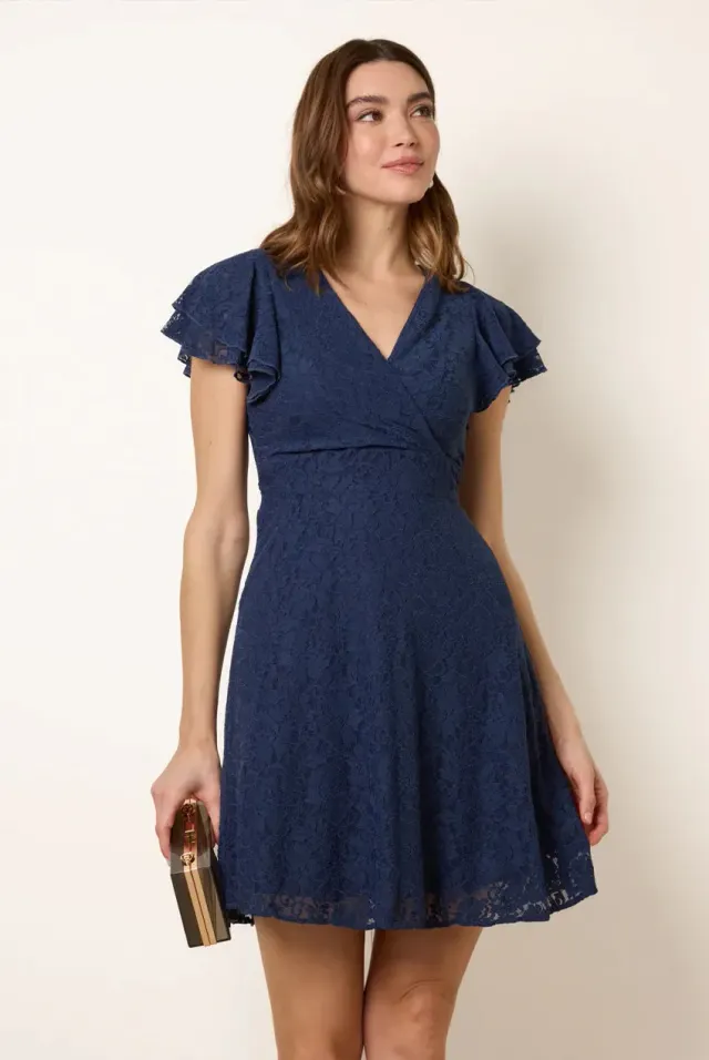 Blue Vanilla Lace Angel Sleeve mini abito pizzo navy