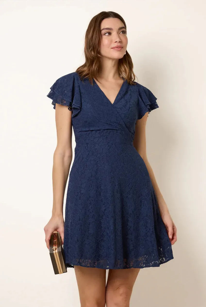 Blue Vanilla Lace Angel Sleeve mini abito pizzo navy